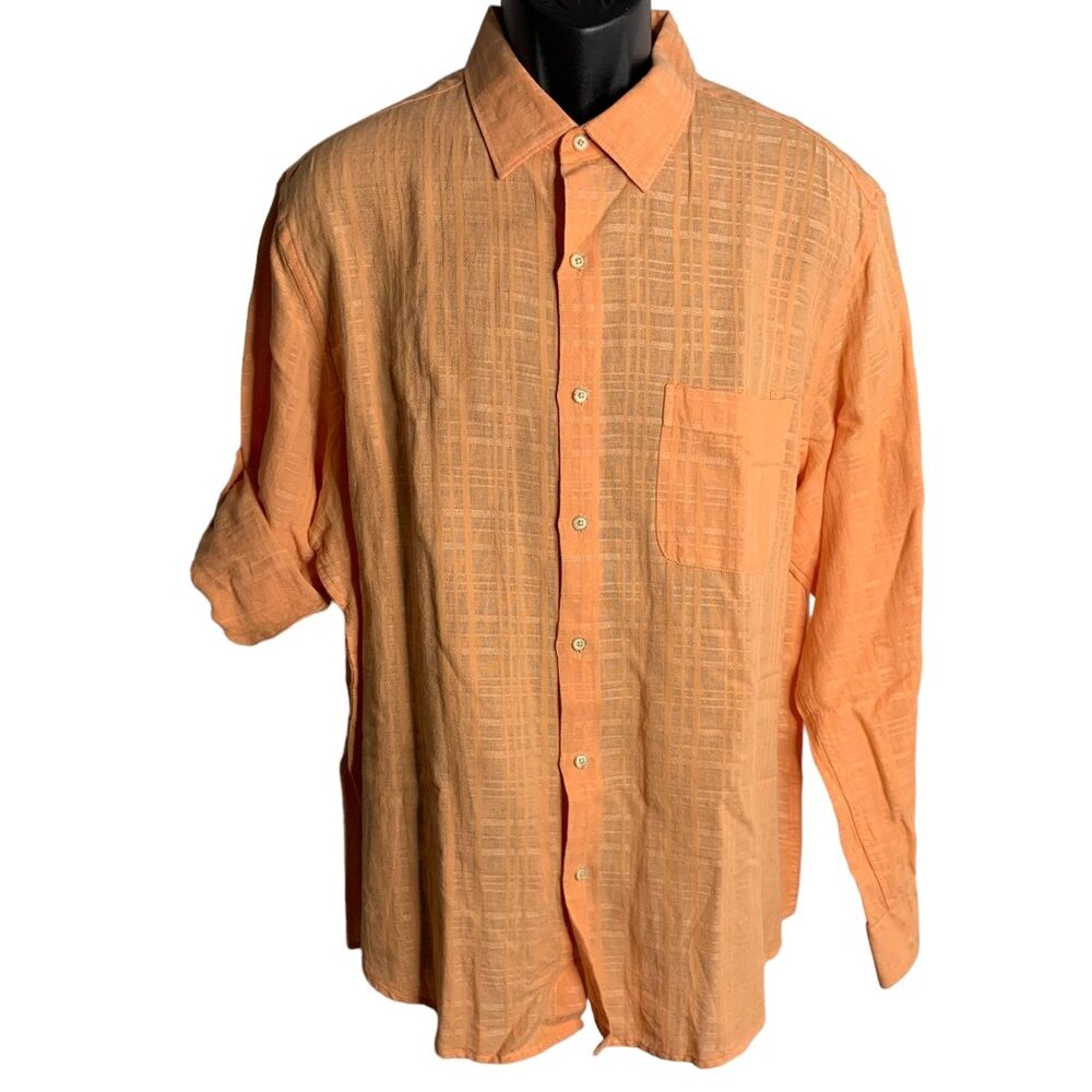 Tasso Elba Island Linen Blend Button Up Shirt XL Orange Roll Tab Sleeve Pocket